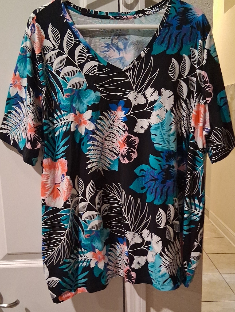 Catherines Black V-Neck Floral Tunic with Teal and Coral Accents